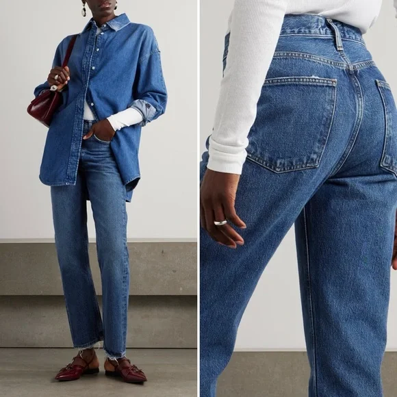 Agolde 90s Pinch Waist Straight Jeans High Rise Med Indigo Blue Button Fly 28 - Picture 1 of 16